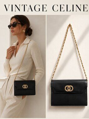 Vintage Celine Paris Black Leather Chain Shoulder Bag France Gold Hardware Rare